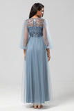 Une ligne gris bleu paillettes manches longues robe de demoiselle d’honneur