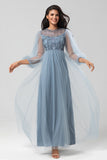 Une ligne gris bleu paillettes manches longues robe de demoiselle d’honneur