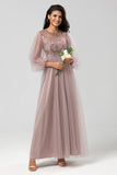 Une ligne gris bleu paillettes manches longues robe de demoiselle d’honneur