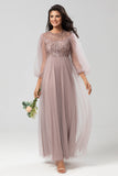 Une ligne gris bleu paillettes manches longues robe de demoiselle d’honneur