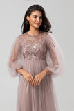 Une ligne gris bleu paillettes manches longues robe de demoiselle d’honneur