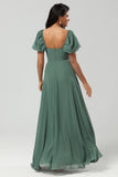 Robes de demoiselle d'honneur eucalyptus en mousseline à manches bouffantes