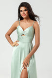 Bretelles Spaghetti Matcha Robe de demoiselle d’honneur avec fente