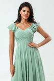 Robe de demoiselle d’honneur Col en V Matcha à lacets