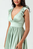 Robe de demoiselle d’honneur longue à profond Matcha avec volants