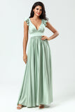 Robe de demoiselle d’honneur longue à profond Matcha avec volants