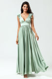 Robe de demoiselle d’honneur longue à profond Matcha avec volants