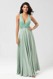 Robe de demoiselle d’honneur Matcha à col en V scintillante avec paillettes