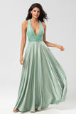 Robe de demoiselle d’honneur Matcha à col en V scintillante