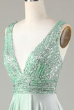 Robe de demoiselle d’honneur Matcha à col en V scintillante avec paillettes