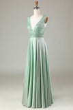 Robe de demoiselle d’honneur Matcha à col en V scintillante avec paillettes
