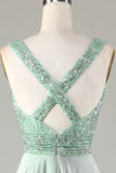 Robe de demoiselle d’honneur Matcha à col en V scintillante avec paillettes