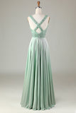 Robe de demoiselle d’honneur Matcha à col en V scintillante avec paillettes