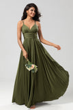 Une ligne Robe de demoiselle d’honneur longue olive sans manches