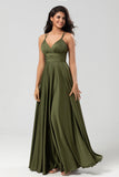 Une ligne Robe de demoiselle d’honneur longue olive sans manches