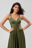 Une ligne Robe de demoiselle d’honneur longue olive sans manches