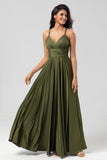 Une ligne Robe de demoiselle d’honneur longue olive sans manches
