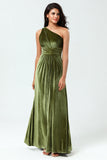 Velours Une Épaule Robe de demoiselle d’honneur olive