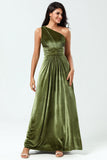 Velours Une Épaule Robe de demoiselle d’honneur olive
