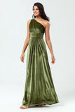 Velours Une Épaule Robe de demoiselle d’honneur olive