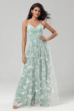 Robe de demoiselle d'honneur matcha en tulle à Bretelles Spaghetti avec Appliques