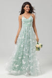 Robe de demoiselle d'honneur matcha en tulle à Bretelles Spaghetti avec Appliques