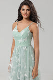 Robe de demoiselle d'honneur matcha en tulle à Bretelles Spaghetti avec Appliques