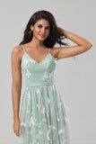 Robe de demoiselle d'honneur matcha en tulle à Bretelles Spaghetti avec Appliques