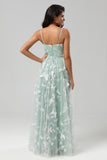 Robe de demoiselle d'honneur matcha en tulle à Bretelles Spaghetti avec Appliques