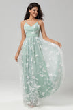 Robe de demoiselle d'honneur matcha en tulle à Bretelles Spaghetti avec Appliques