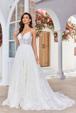 Robe de mariée en dentelle Bretelles Spaghetti Train de balayage abricot scintillant