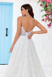 Robe de mariée en dentelle Bretelles Spaghetti Train de balayage abricot scintillant