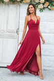 A-Line Halter Bourgogne Robes de demoiselle d’honneur longue avec fente