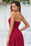A-Line Halter Bourgogne Robes de demoiselle d’honneur longue avec fente