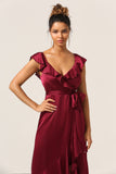 Robe de demoiselle d’honneur bordeaux à col V avec volants