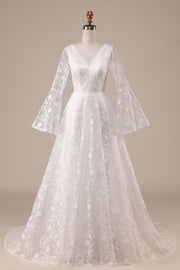 A-ligne Manches Papillon Col V Traîne Tribunal Robe de Mariée