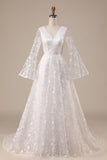 A-ligne Manches Papillon Col V Traîne Tribunal Robe de Mariée