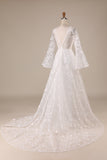 A-ligne Manches Papillon Col V Traîne Tribunal Robe de Mariée