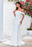 Robe de mariée longue en satin ivoire sirène à épaules dénudées