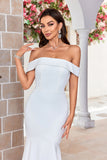 Robe de mariée longue en satin ivoire sirène à épaules dénudées