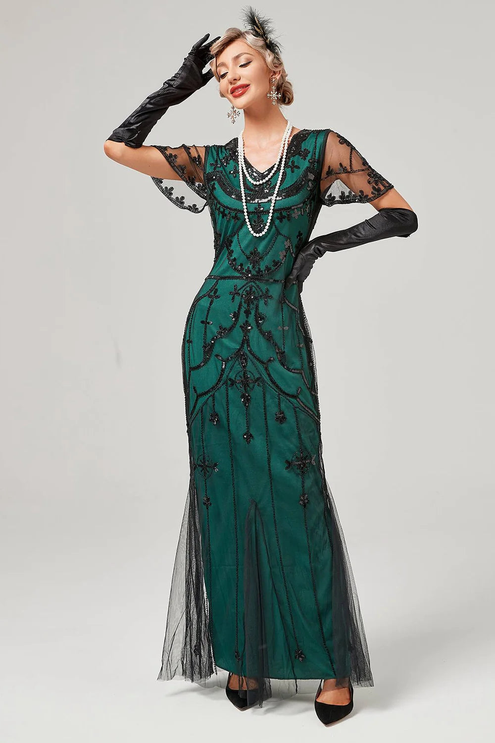 Robe Gatsby des années 20 à paillettes vert foncé avec ensemble  d’accessoires