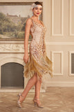 Robe Abricot Scintillante Gatsby Des Années 1920 Avec Paillettes Et Franges