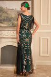 Vert Doré Gaine V Col Paillettes Long Des Années 1920 Clapet Robe À Franges