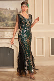 Vert Doré Gaine V Col Paillettes Long Des Années 1920 Clapet Robe À Franges