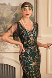 Vert Doré Gaine V Col Paillettes Long Des Années 1920 Clapet Robe À Franges