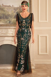 Vert Doré Gaine V Col Paillettes Long Des Années 1920 Clapet Robe À Franges