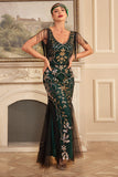 Vert Doré Gaine V Col Paillettes Long Des Années 1920 Clapet Robe À Franges