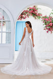 Traîne de balayage en tulle abricot et Ivoire Robe de mariée avec dentelle