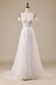 Robe de mariée A-ligne ivoire à épaules dénudées avec appliques