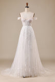 Robe de mariée A-ligne ivoire à épaules dénudées avec appliques